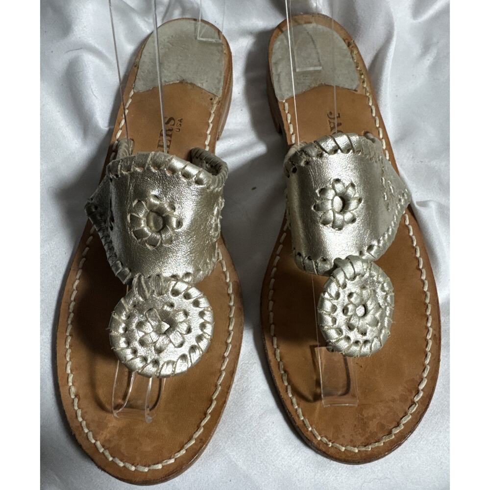 Jack Rogers Women's Hamptons Flat Thong Leather Sandals Silver Metallic Size 7 M